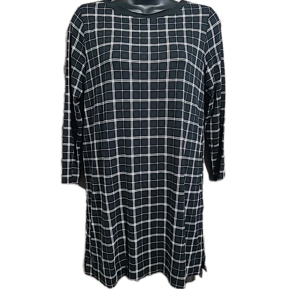 J Jill Black Plaid Tunic Top Size XS 3/4 Sleeve V-Back Mature Neutral Modest